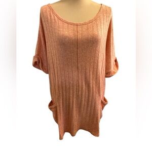 Chic Soul Womens 3X Short Sleeve Salmon Pink Boat Neck Pullover Sweater Pockets.